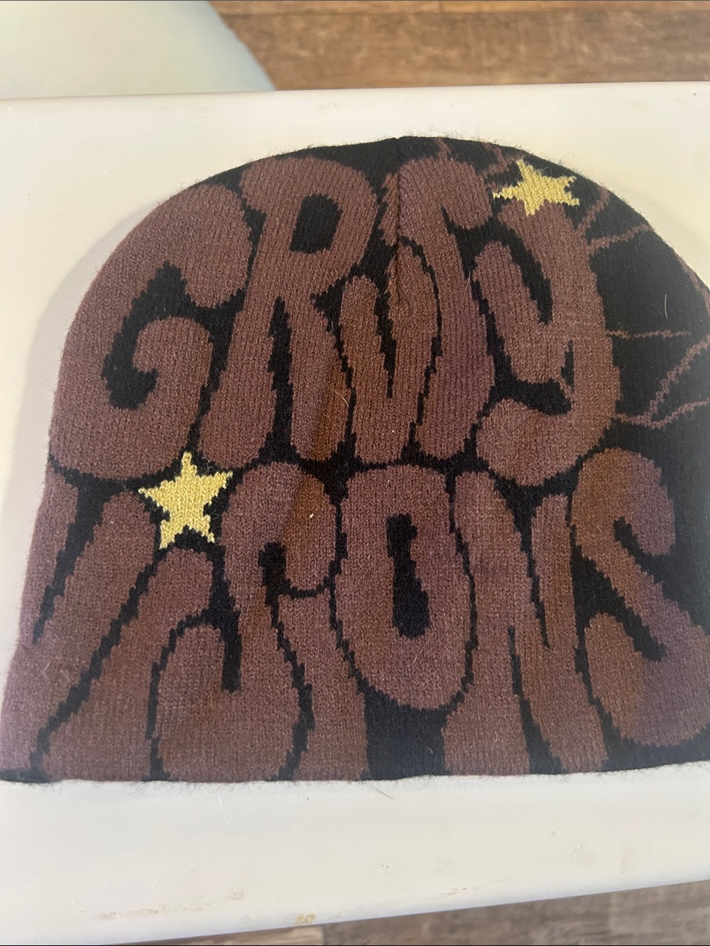 Kids Brown Knit Beanie with Bold 'CHAOS' Graphic and Yellow Star